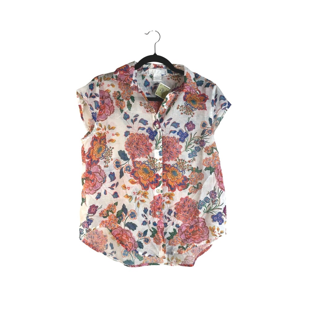 Life Boho Sheer Multicolor Floral Button Front Cap Sleeve Top Size Medium‎
